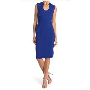 Tahari Womens Blue Sleeveless Studded Ponte Knit Midi Sheath Dress Sz 10 New